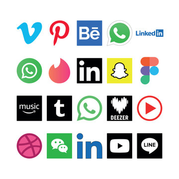 Collection of twenty versatile social media, networking, and streaming application logos, including Pinterest, Tinder, Figma, and WeChat. Essential vector icons tailored for digital interface layouts.