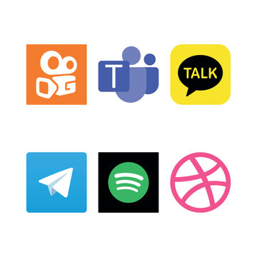 A set of 6 essential social, communication, and creative app logos: Kwai, Microsoft Teams, KakaoTalk, Telegram, Spotify, and Dribbble. Versatile vector icons optimized for modern digital UI/UX designs