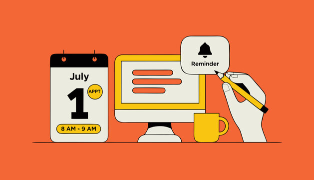 Reminder, calendar, computer icons, business productivity, office supplies, yellow and orange