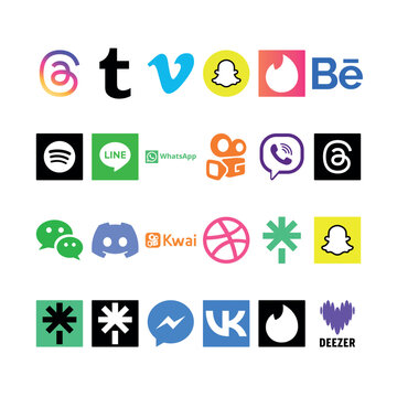 Set of 24 social media and communication app vector logos featuring Threads, Tumblr, Vimeo, Snapchat, Tinder, and Behance. Ideal for modern digital marketing, web UI, and mobile interface design.