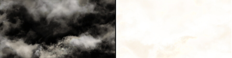 Fototapeta premium Smoke overlays collection featuring realistic transparent wisps of grey clouds isolated on dark and grid backgrounds.