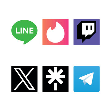 Set of 6 popular app logos: Line, Tinder, Twitch, X, Linktree, and Telegram. High-quality vector icons for digital marketing, web, and mobile interface design.