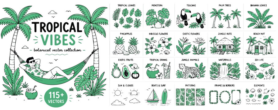 Tropical vibes botanical vector collection, set of 115 hand drawn summer icons, green jungle foliage and exotic beach lifestyle elements