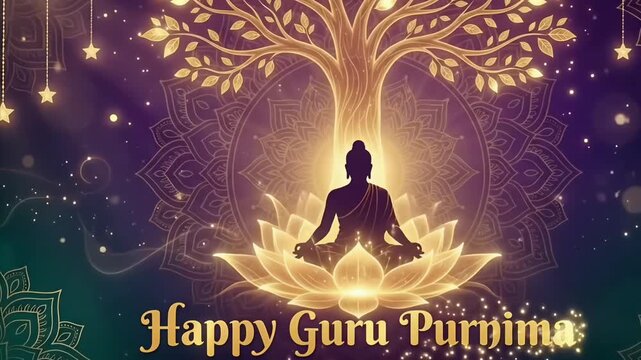 Happy Guru Purnima Meditation Artwork With Sacred Lotus Glow and Spiritual Tree Background
