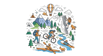 Fototapeta premium Outdoor adventure activities in nature illustration.
