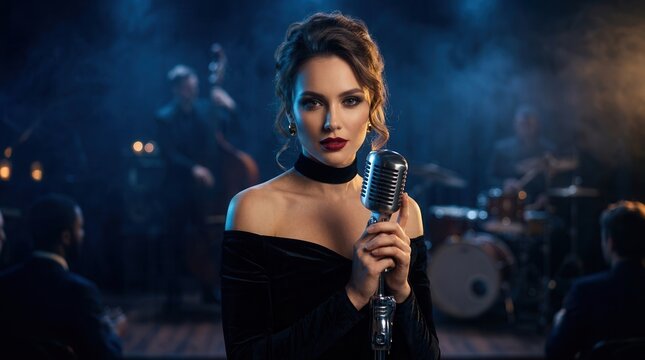 Intense side lighting illuminates a glamorous singer posing with a classic retro microphone.