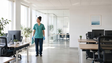 Fototapeta premium Woman cleaner wearing uniform and gloves cleaning modern office workstation. Professional janitor sanitizing desk in workspace. Healthy office environment and hygiene maintenance concept.