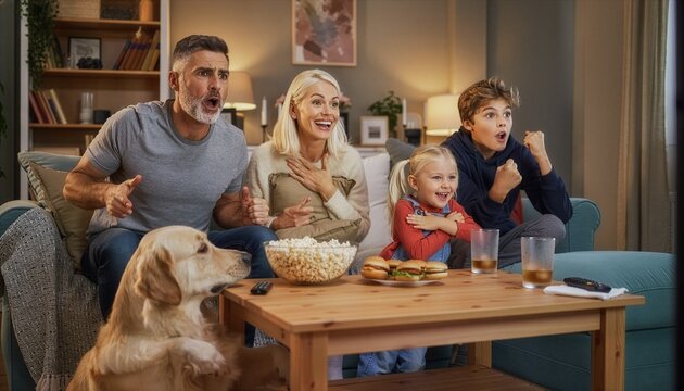 happy family watching football on tv - lcd