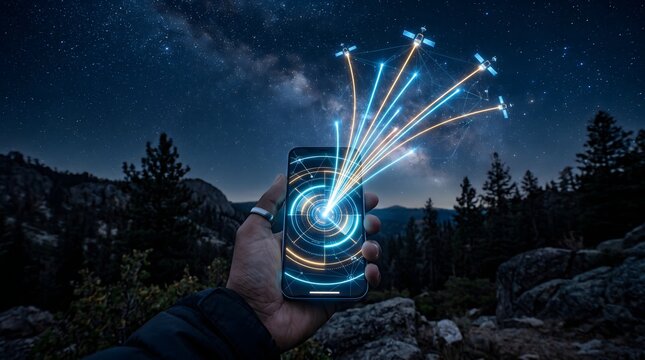 Smartphone Connected to Global Satellite Network in Remote Nature Concept.