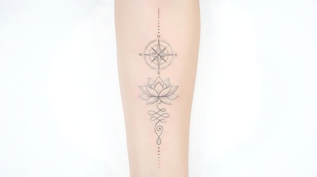 Arm Tattoo with Compass Lotus and Unalome Symbol human skin