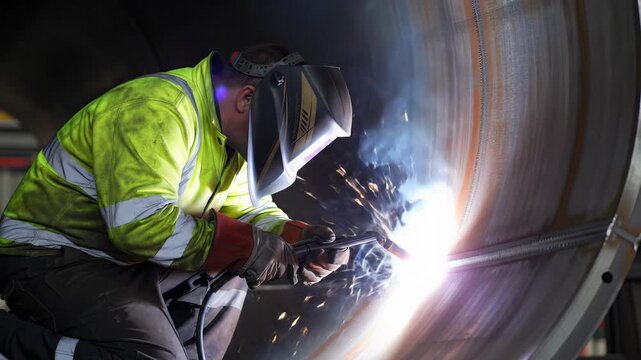 Robust male industrial welder in oil-stained overalls and yellow vest, arc welding inside dark, grimy metal pipe with bright sparks, dynamic chiaroscuro. Gritty labor concept.