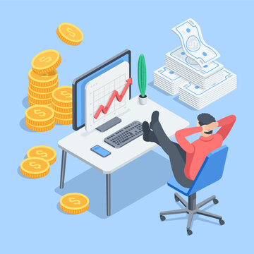 Isometric vector man sitting at a computer with his feet up on the table in a relaxed pose next to money, in color on a blue background, passive income and financial success