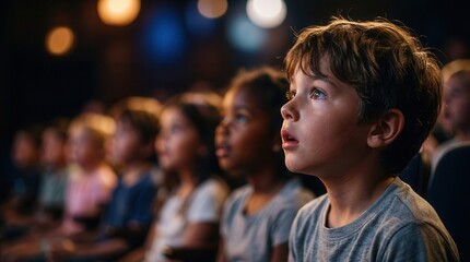 Fototapeta premium Children experiencing pure wonder and surprise under warm stage lights during a captivating show.