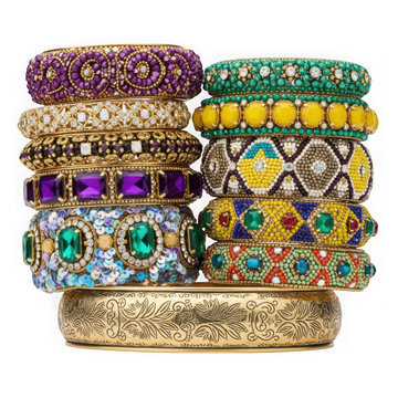 Colorful stacked bangles displayed on a wooden stand for festive adornment. isolated on transparent background