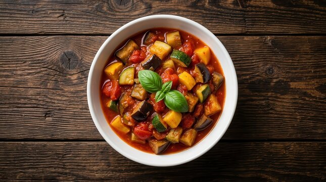 Hearty vegetable stew with tomato sauce and fresh herbs served in a white bowl on wood.