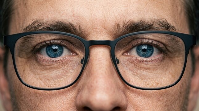 Close up portrait of eyes with eyewear symbolizing mindfulness and deep task engagement.