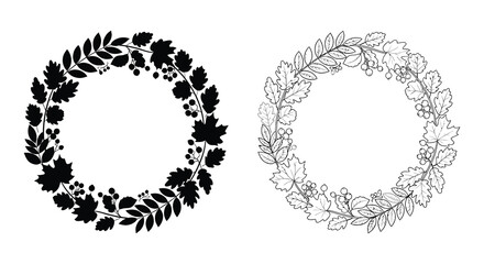 Oak leaf and berry wreath black silhouette on white background © Rina