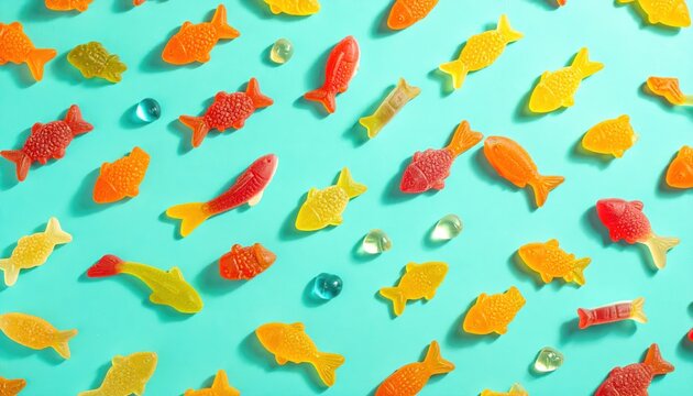 Brightly Colored Gummy Fish Candies Scattered and Playfully Arranged on a Teal Background