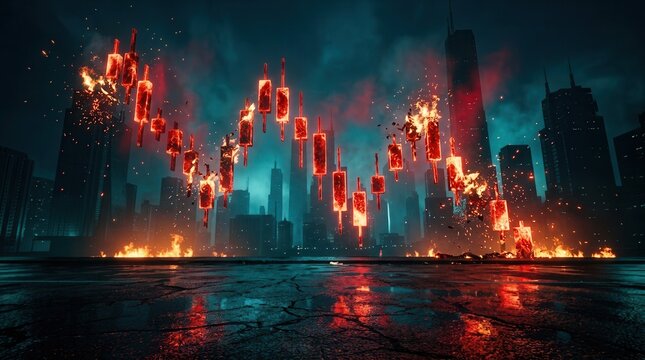 A city skyline engulfed in flames and burning stock market charts representing a financial crisis.