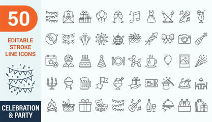 Fototapeta na wymiar Celebration and party line icons mega set. Vector illustration of event planning, birthday cake, anniversary fireworks, champagne bottle, festival decoration, outline symbol, editable stroke.