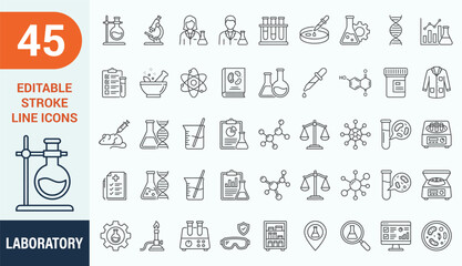 Laboratory icon set. Containing experiment, test tube, microscope, flask, chemical, biology, research, lab and more. Outline Icon Collection. Editable stroke. Vector illustration  © Mustafiz