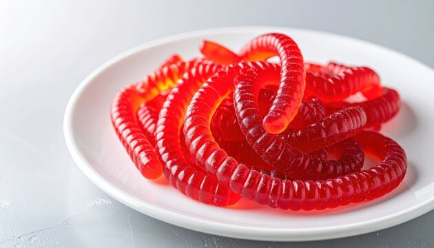 Bright Red Juicy Strawberry Gummy Worms Artfully Tangled on a White Plate