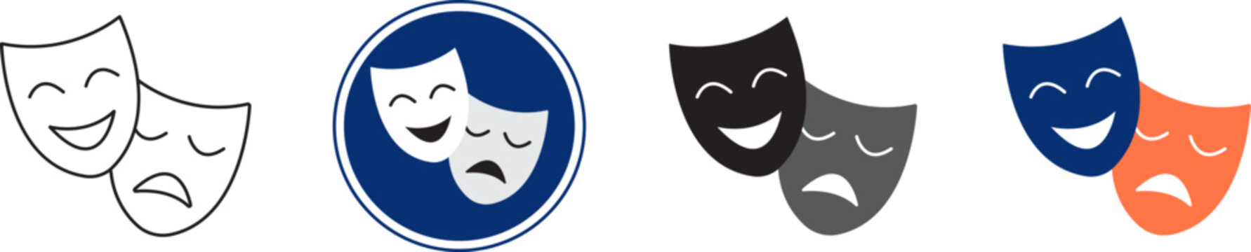 Set of theater mask icons showing comedy and tragedy expressions in various styles including line art and flat color Vector