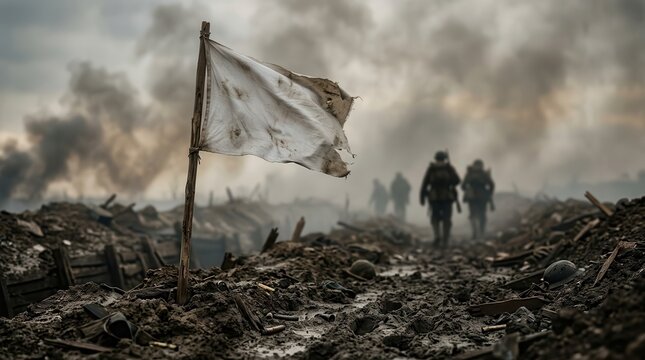 Cinematic scene of a white flag in a smoky landscape with receding soldier silhouettes.
