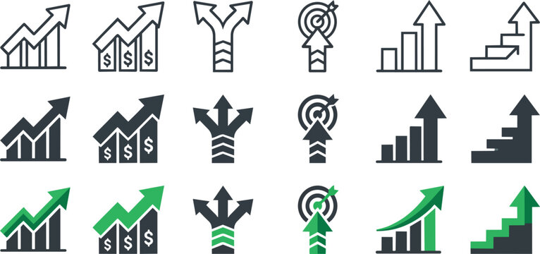 Business growth and financial development icons set featuring various arrow charts on transparent background