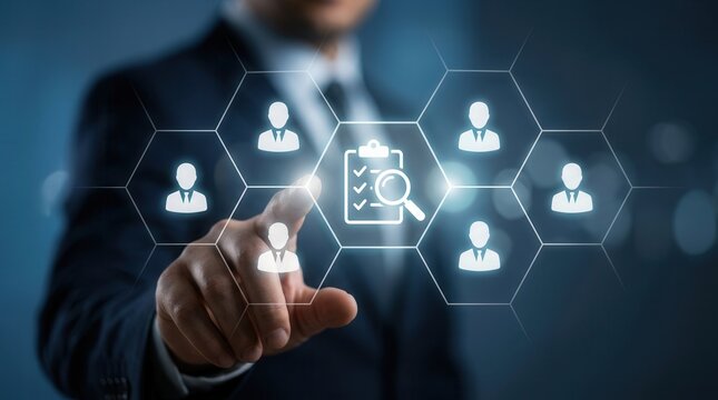 A professional businessman selecting a checklist icon for business ethics and employee performance evaluation.