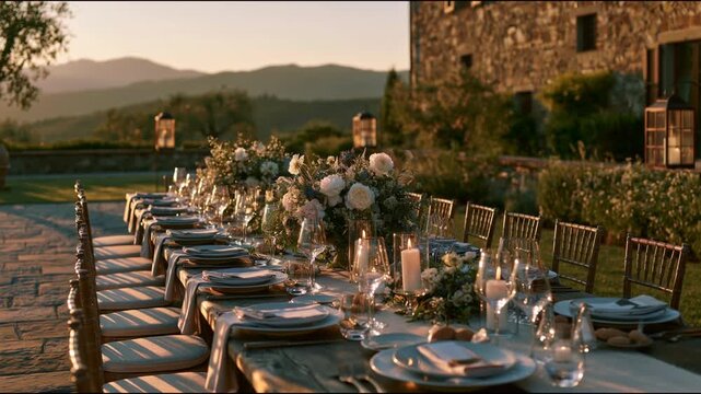 Elegant outdoor wedding table setup at a Mediterranean villa