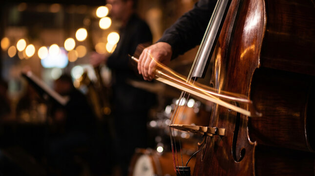 Double bass close-up and jazz band in the background. Intimace lightning with light painting effect at the arc.