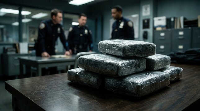 Law enforcement officers standing behind a pile of seized drug packages in a crime scene setting.