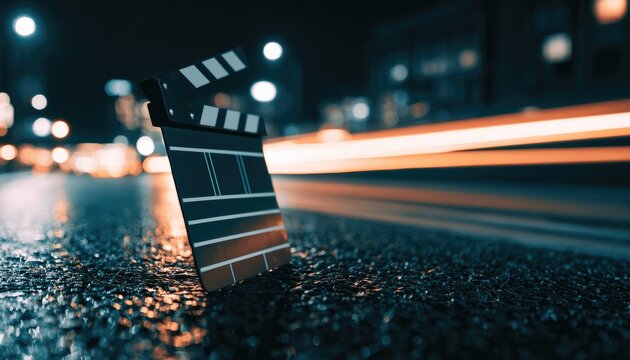 Clapperboard on wet street at night with light trails