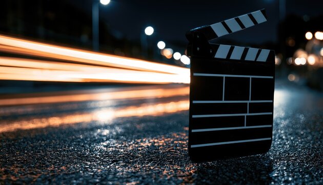 Black clapperboard on wet road at night with car light streaks