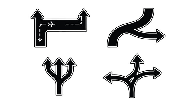 Road turn arrow symbols in black silhouette arrows direction directions