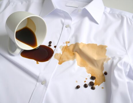 Close-up of a white button-down shirt stained with spilled dark coffee from a tipped-over white mug, with coffee beans nearby
