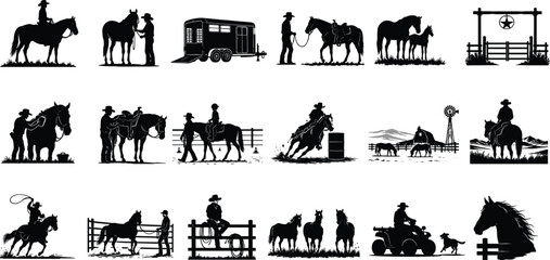 Obraz premium WebHorse ranch and cowboy lifestyle silhouette vector illustration set representing equestrian sports rodeo and western farm activities