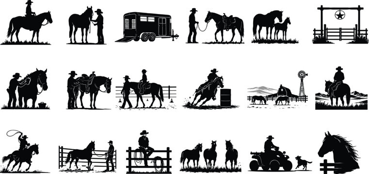 WebHorse ranch and cowboy lifestyle silhouette vector illustration set representing equestrian sports rodeo and western farm activities