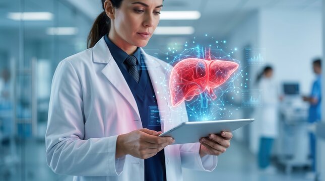 Close-up of a physician presenting a digital liver model representing hepatic encephalopathy and abdominal health issues.
