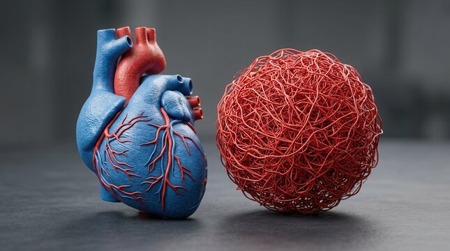 Detailed anatomical model of a heart with red vascular network and blood flow concepts.