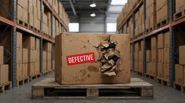 Damaged inventory box on a warehouse shelf representing supply chain risk and return management.