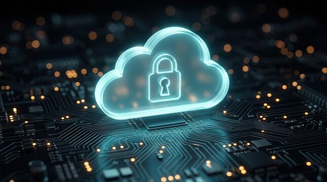 Data sovereignty and code compliance concept with a glowing cloud and padlock on a motherboard.