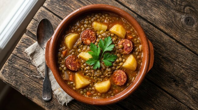 Delicious Spanish lentils cooked with potatoes and chorizo, presented on a dark wood background.