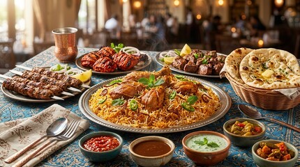 Obraz premium Traditional meal of grilled chicken, grilled mutton, and beef biryani with naan bread.