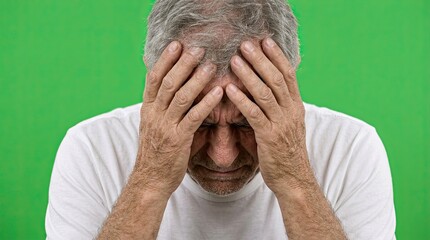 Fototapeta premium Elderly man in white t-shirt with hands on head, expressing defeat against green background