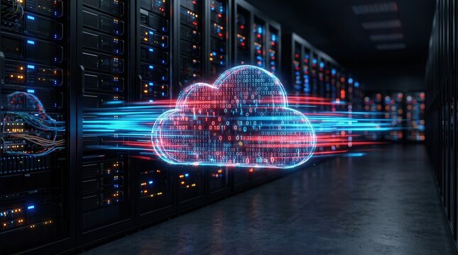 A high-tech data center featuring glowing server racks and a digital cloud computing data flow concept.