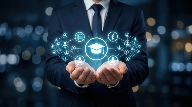 Concept of digital education ecosystem with graduation symbols and connected users in professional hands.