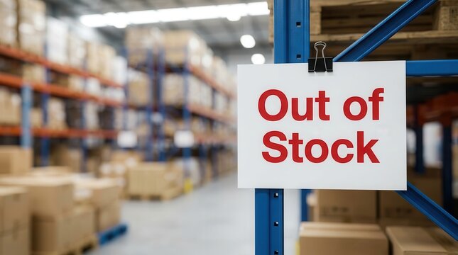 Warehouse shelves with an Out of Stock sign indicating inventory shortage and global recession.
