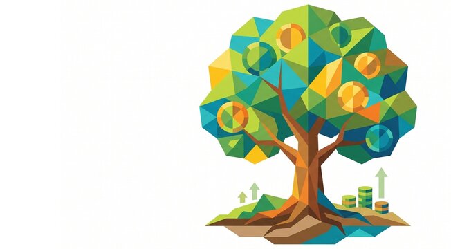 Flat vector illustration of natural capital valuation and eco-economics symbolized by a geometric tree with layered polygons and coin patterns on a white background